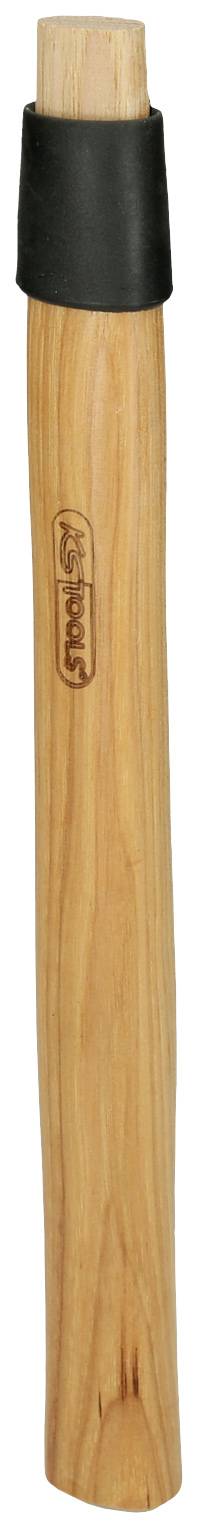 Ein Holzgriff für einen Hammer mit schwarzer Gummikappe oben.