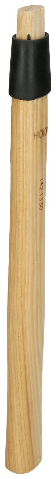 Holzgriff eines Werkzeugs mit schwarzer, gummiartiger Kappe an einem Ende, glatt und leicht gebogen, ideal für den handwerklichen Gebrauch.