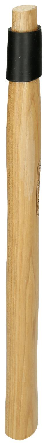 Ein runder Holzgriff mit schwarzem Gummiring an einem Ende, möglicherweise ein Werkzeuggriff.