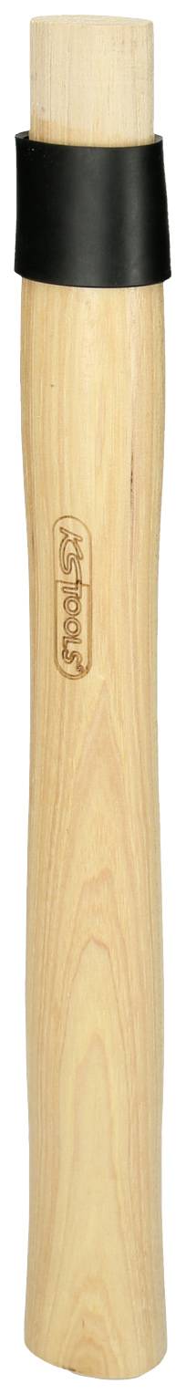 Ein langer Holzgriff mit einer schwarzen Gummimanschette, der möglicherweise für ein Werkzeug oder Garteninstrument gedacht ist.