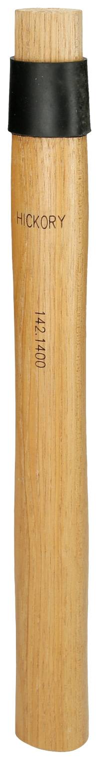 Holzgriff mit der Aufschrift 'Hickory' und einem schwarzen, gummierten Ende, möglicherweise Teil eines Werkzeugs oder Geräts.