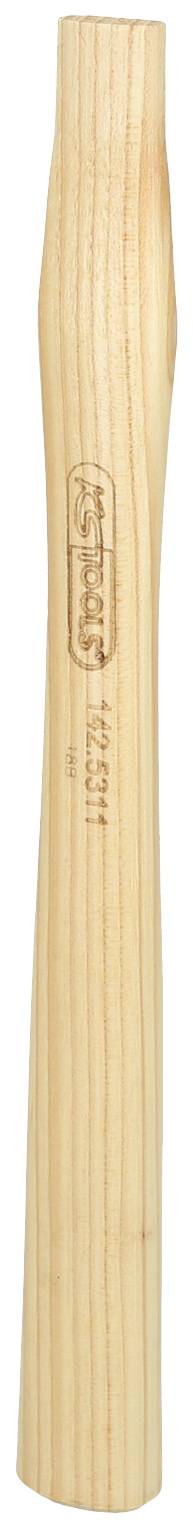 Ein Holzhammerstiel aus hellem Holz, geformt für Griffkomfort und Langlebigkeit.