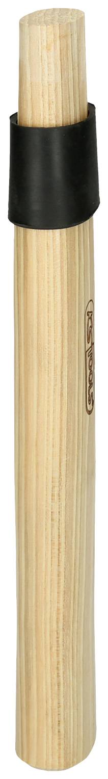 Ein holzfarbener Stock mit einer schwarzen gummiartigen Kappe an einem Ende, vertikal positioniert.