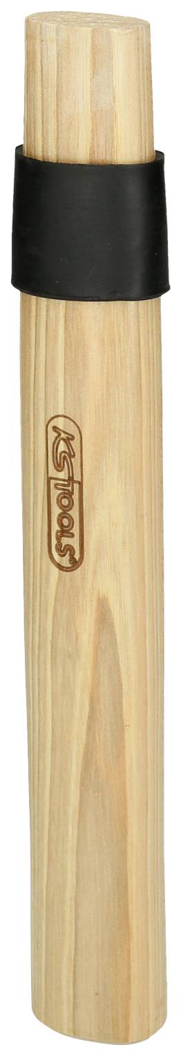 Ein hölzerner Handgriff mit einem schwarzen Gummigriffstück und einem eingeprägten Logo an der Seite.