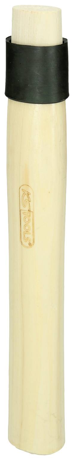 Ein hölzernes Werkzeug mit schwarzem Gummiring am oberen Ende, möglicherweise Teil eines größeren Geräts oder Werkzeugs.