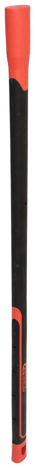 Ein schwarz-roter Griff von einem Werkzeug, vermutlich einem Hammer, mit ergonomischer Form für besseren Halt.