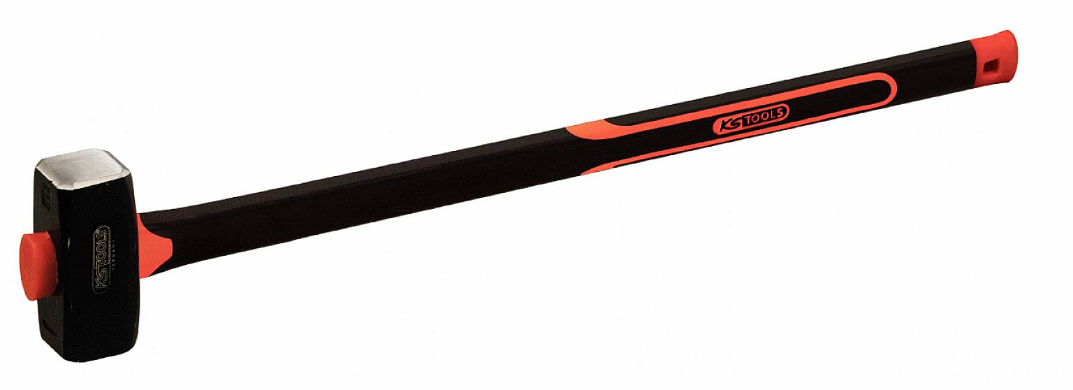 Großer Hammer mit schwarzem Griff und orangefarbenen Akzenten, seitlich liegend auf weißem Hintergrund.