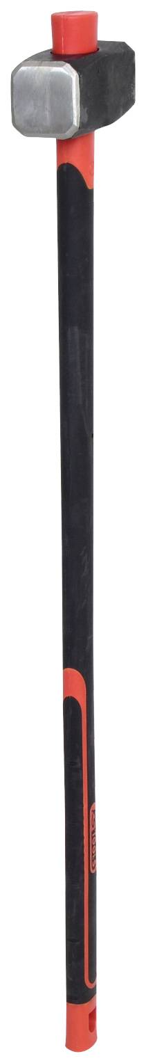 Ein großer Vorschlaghammer mit rotem und schwarzem Griff und stählernem Kopf, geeignet zum Zertrümmern harter Materialien.