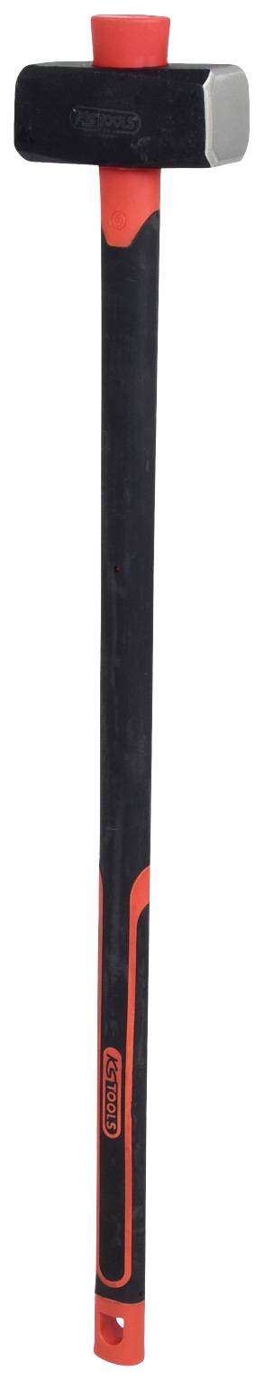 Eine schwarze Vorschlaghammer mit rotem Griff und Metallkopf.