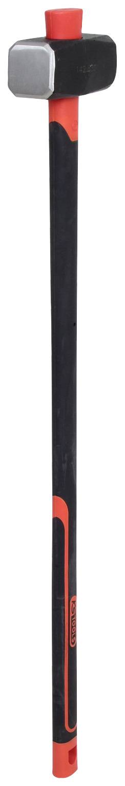 Ein Vorschlaghammer mit schwarzem Stiel und rotem Griff, geeignet für schwere Arbeiten.