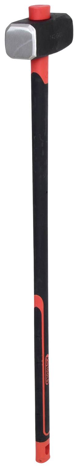 Ein Vorschlaghammer mit einem rot-schwarzen Griff und einem massiven Metallkopf, geeignet für schwere Arbeiten oder Abrissprojekte.