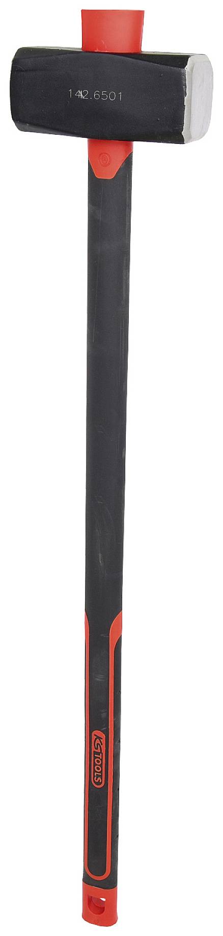 Großer Vorschlaghammer mit schwarzem Kopf und rotem Griff, geeignet für schwere Abbruch- oder Bauarbeiten.