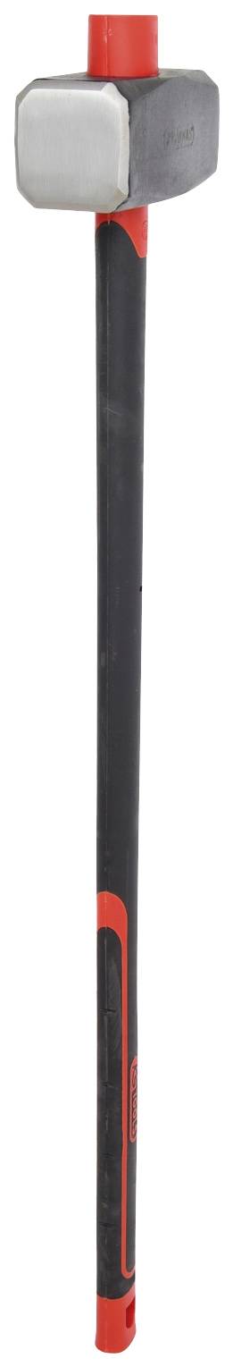 Ein Vorschlaghammer mit langem, schwarzem Griff und einem schweren, silbernen Kopf. Der Griff hat rote Akzente am oberen und unteren Ende.