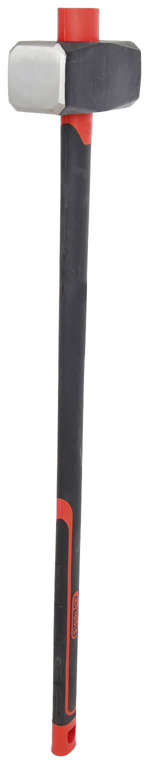 Ein Vorschlaghammer mit schwarzem Griff und rotem Akzent. Der Kopf ist massiv und rechteckig geformt, geeignet für schwere Arbeiten.