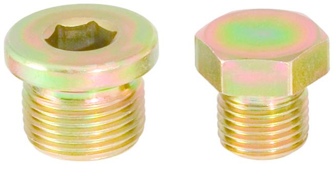 Zwei goldene Schrauben: links eine mit Innengewinde, rechts eine mit Sechskantkopf. Beide sind aus glänzendem Metall.