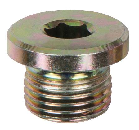 Metallschraube mit flachem Kopf und Innengewinde. Sie hat einen sechseckigen Innensechskant zur Befestigung.