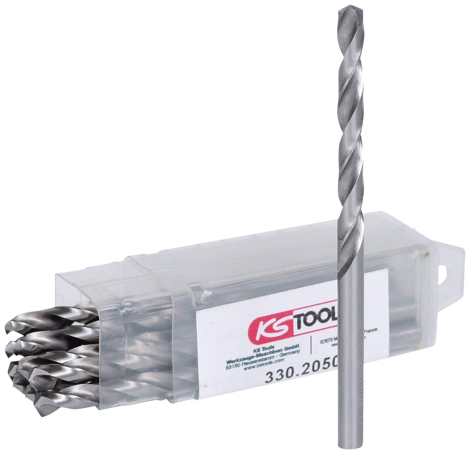 Bohrer-Set mit mehreren Metall-Spiralbohrern in transparenter Aufbewahrungsbox. Eine Bohrer ist separat abgebildet.