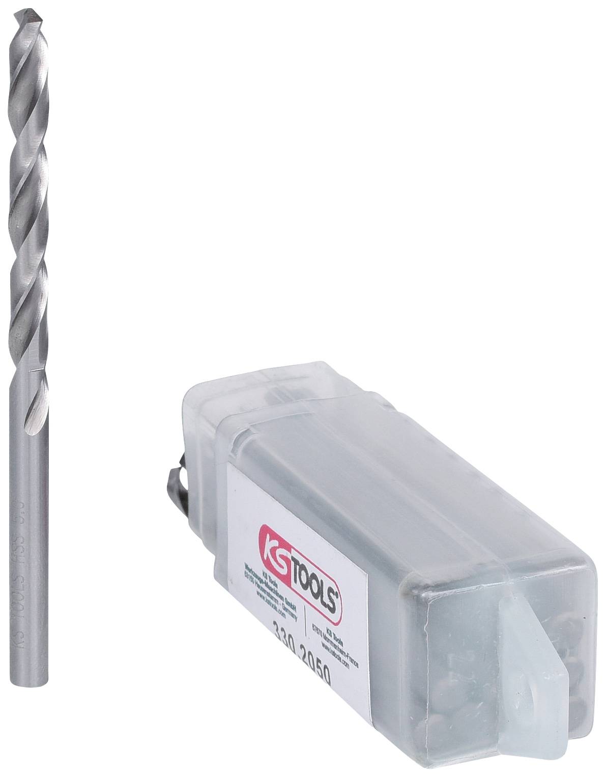 Metallbohrer neben einer Verpackung von KS Tools. Der Bohrer hat eine spiralförmige Schneide und ist für präzises Bohren geeignet.