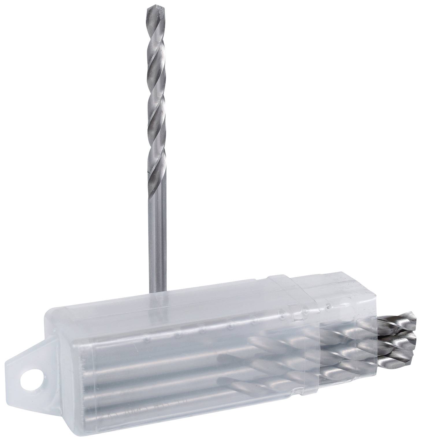 Ein Satz von Metallbohrern in einer durchsichtigen Kunststoffbox, ein Bohrer steht aufrecht.