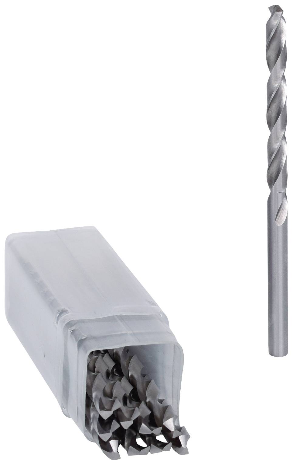 Ein langer Silberbohrer steht neben einer transparenten Box, die mehrere Bohrer enthält.