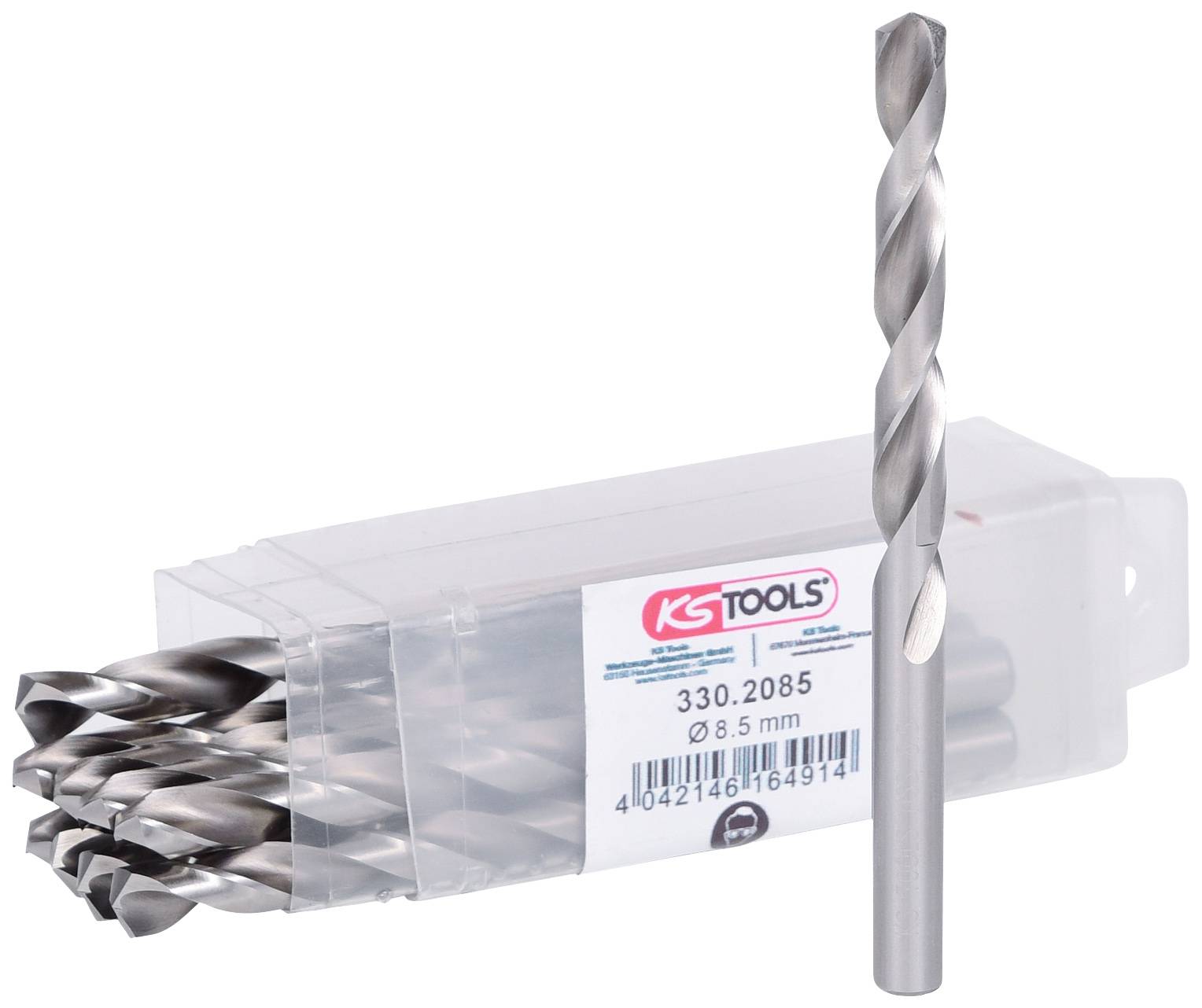 Eine transparente Box mit mehreren silbernen Bohrern; ein einzelner Bohrer steht aufrecht daneben. Auf der Verpackung steht 'KS Tools, Ø 8.5 mm'.