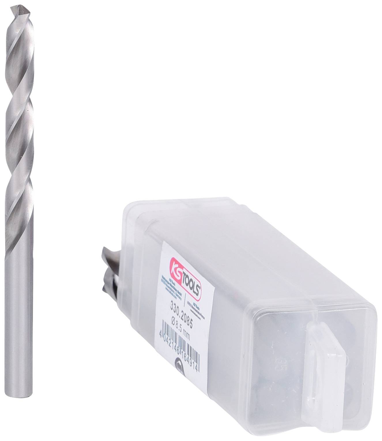 Ein Bohrer aus Metall steht neben einer Plastikbox mit dem Aufdruck 'KS Tools', die für die Aufbewahrung mehrerer Bohrer geeignet ist.