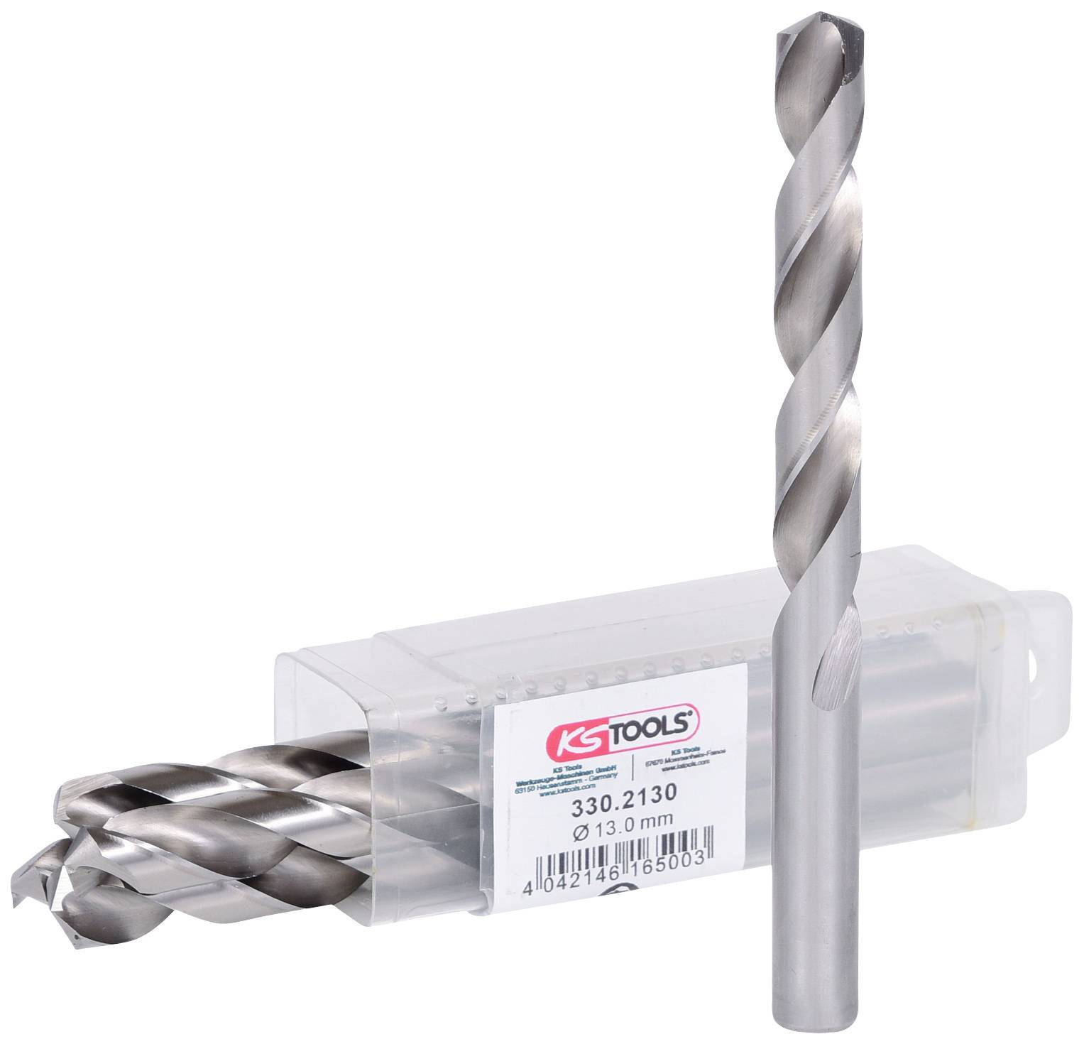 Ein Metallbohrer und eine Verpackung mit mehreren Bohrern von 'KS Tools', Durchmesser 10,3 mm, auf weißem Hintergrund.