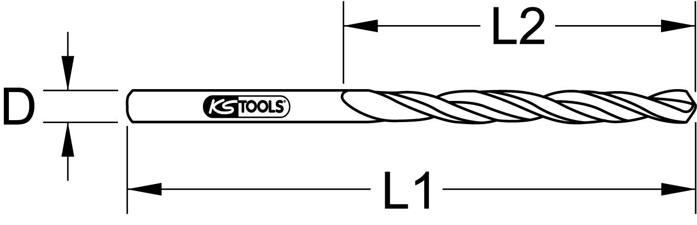 Abbildung eines spiraligen Bohrers von KS Tools. Markierungen zeigen Durchmesser (D), Gesamtlänge (L2) und Schaftlänge (L1) an.