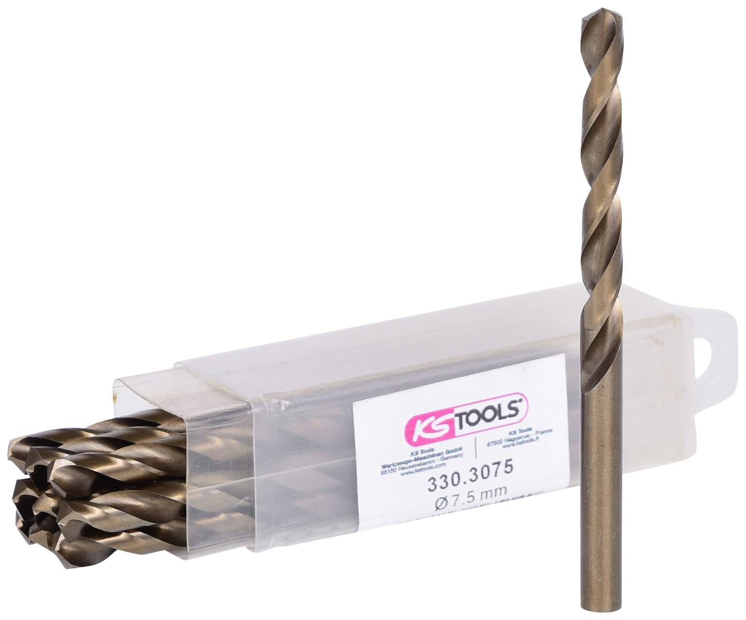 Ein Satz von Metallbohrern in einer Plastikverpackung, einer herausgenommen und aufrecht stehend. Verpackung mit Etikett 'KS Tools'.