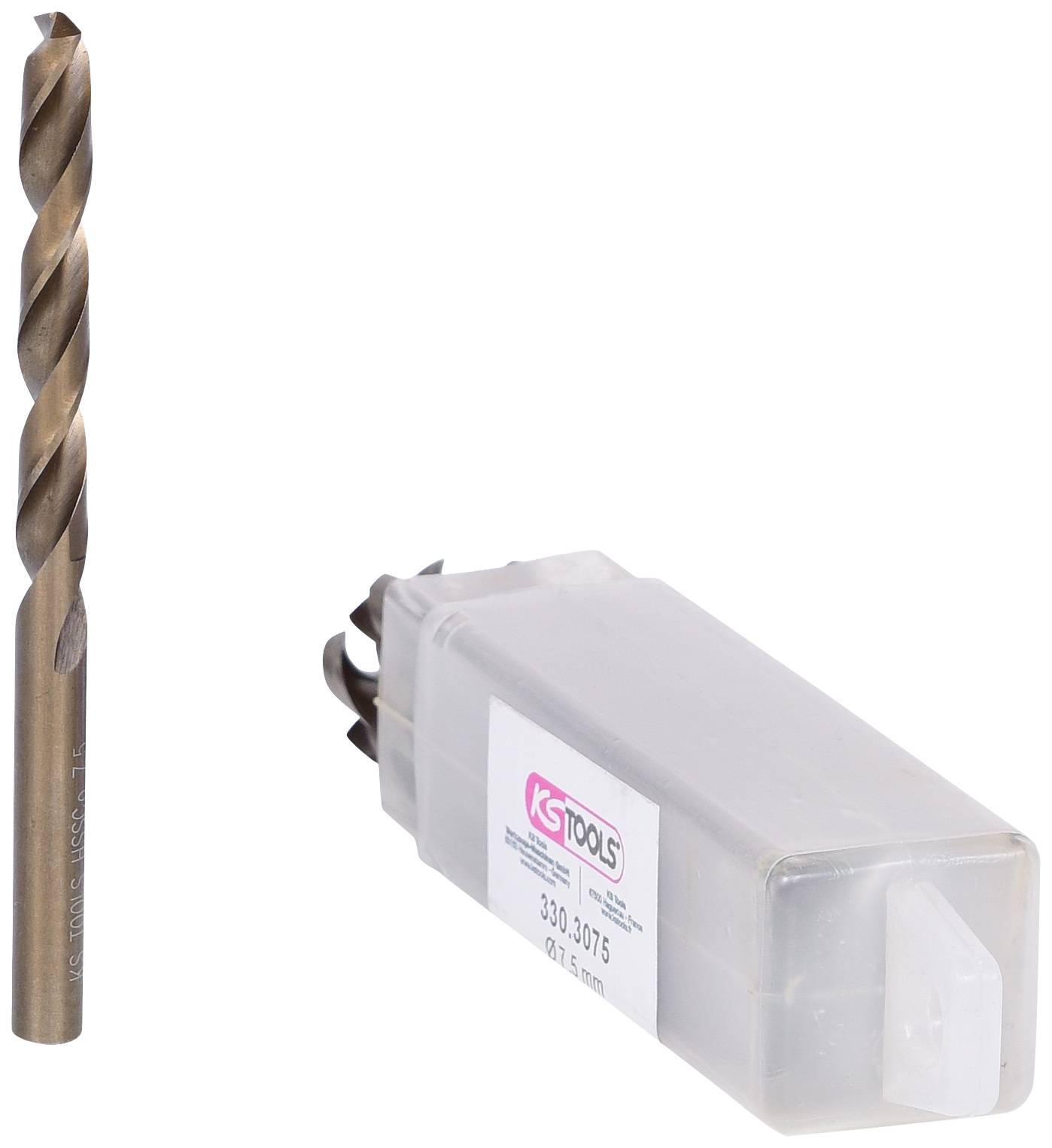 Ein Metallbohrer neben einer transparenten Kunststoffverpackung mit einem Etikett, das 'KS Tools' zeigt.