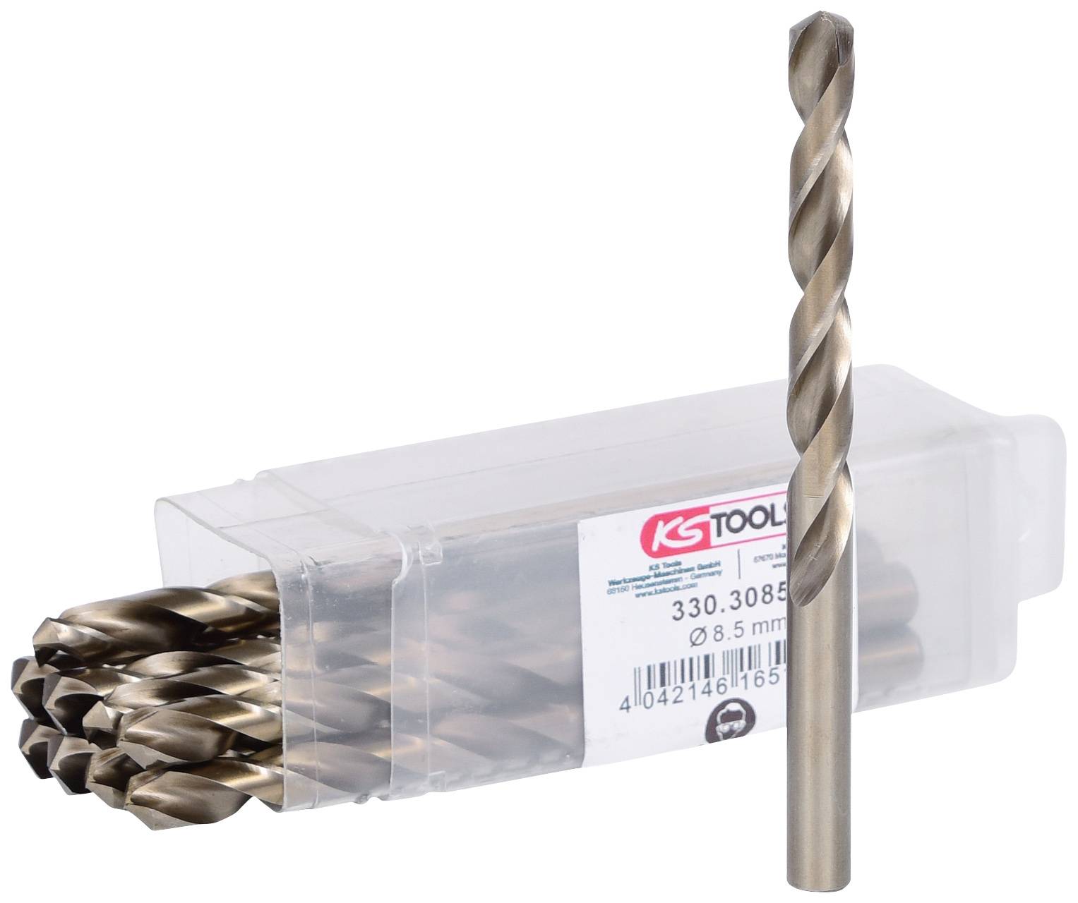 Ein Satz Metallbohrer in einer transparenten Box, einer steht aufrecht daneben; Etikett zeigt: '8.5 mm'.