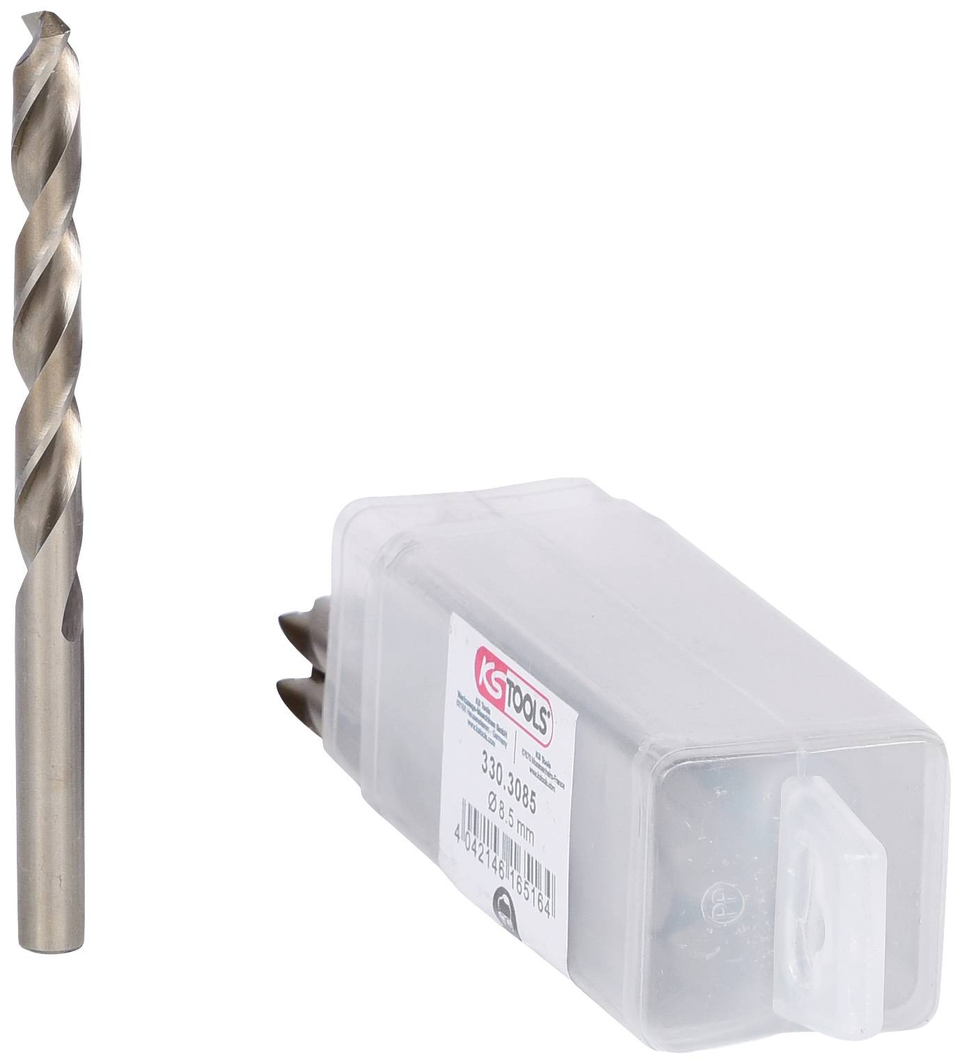 Ein zylindrischer Spiralbohrer aus Metall neben einer transparenten Kunststoffverpackung mit einem Etikett.