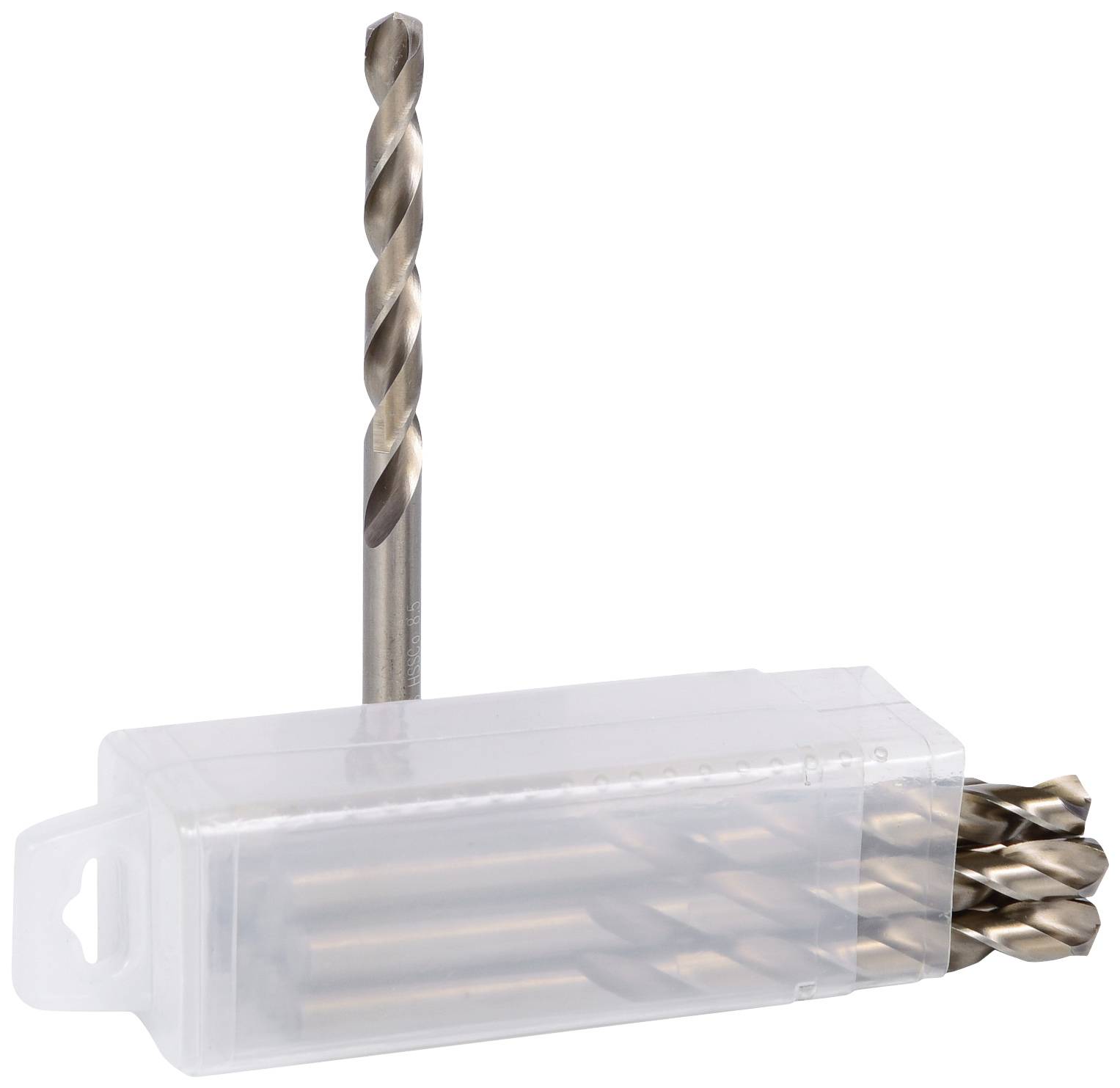 Ein Set Metallbohrer in einem durchsichtigen Kunststoffetui zeigt Bohrer in einer aufrechten Position, bereit zum Einsatz.