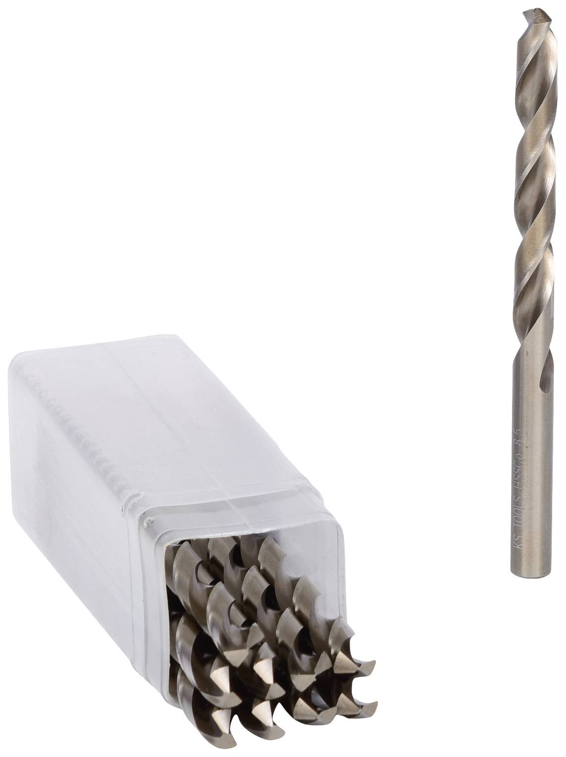 Bohrer-Set in transparenter Box mit einem Bohrer daneben stehend. Die Bohrer sind aus Metall mit einer spiralförmigen Spitze.