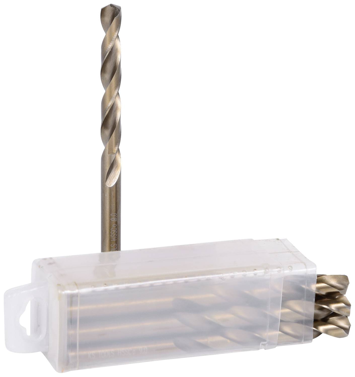 Ein Set von Metallbohrern in einem transparenten Kunststoffbehälter, mit einem Bohrer, der aus dem Behälter herausragt.