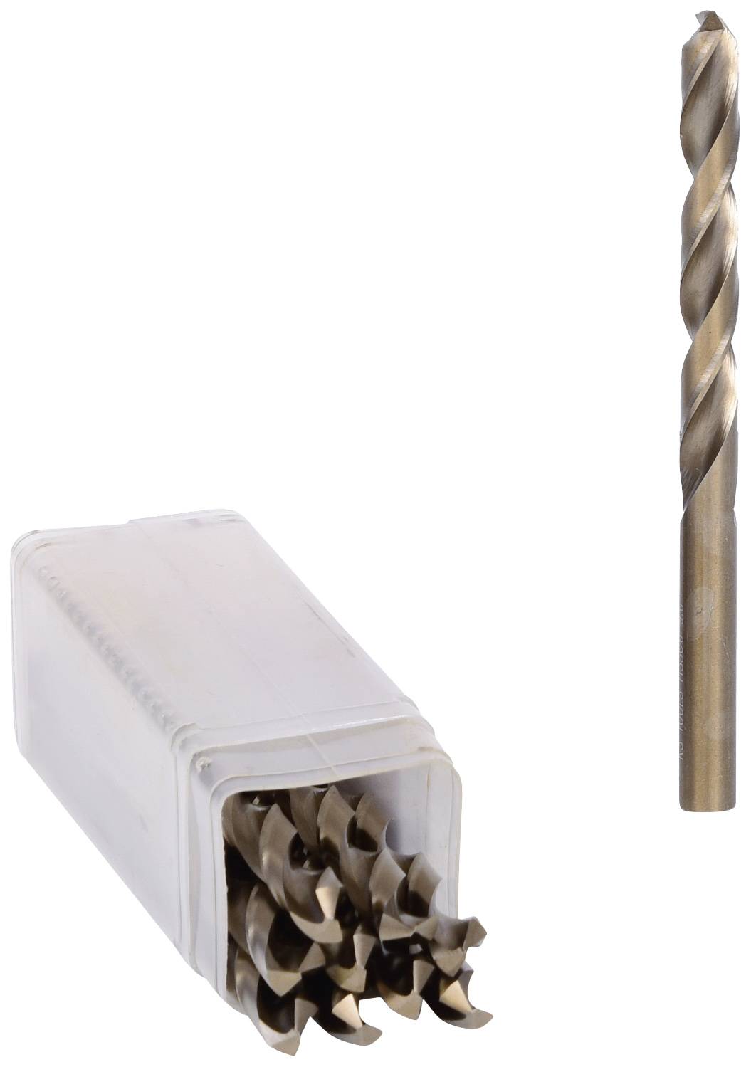 Bohraufsatzset aus Metall mit mehreren Bohrern in einem weißen Kunststoffbehälter; ein einzelner Bohrer steht daneben.