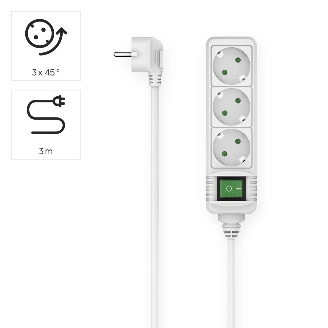 Vierfach-Steckdosenleiste mit grünem Schalter und 3 Meter Kabel. Geeignet für Stecker mit 3 x 45° Drehung.