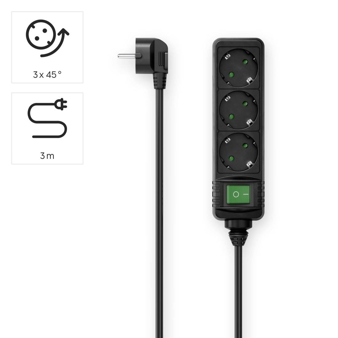 Steckdosenleiste mit drei Steckplätzen, 3m Kabel und Schalter. Geeignet für Stecker mit drei 45°-Drehungen.