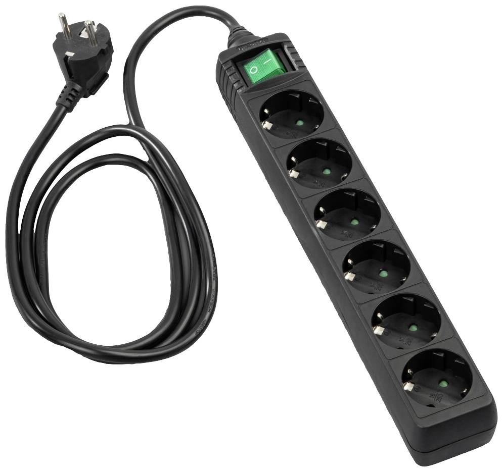 Sechsfache Steckdosenleiste mit schwarzem Kabel und grünem Ein/Aus-Schalter, geeignet für mehrere Elektrogeräte.
