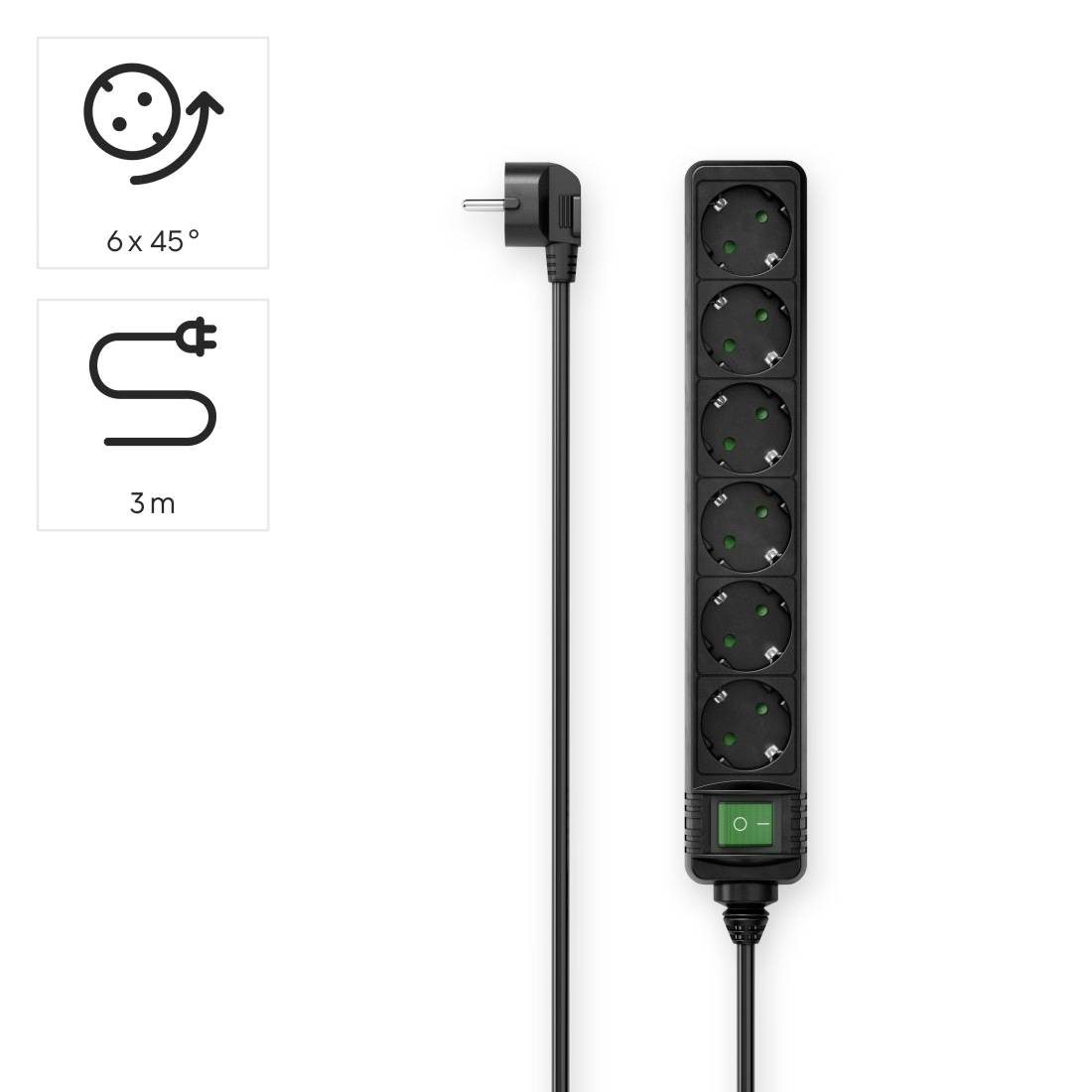 Steckdosenleiste mit sechs Steckplätzen und 3 m Kabel, um 45° gedreht. Enthält Kippschalter und ist für EU-Stecker geeignet.