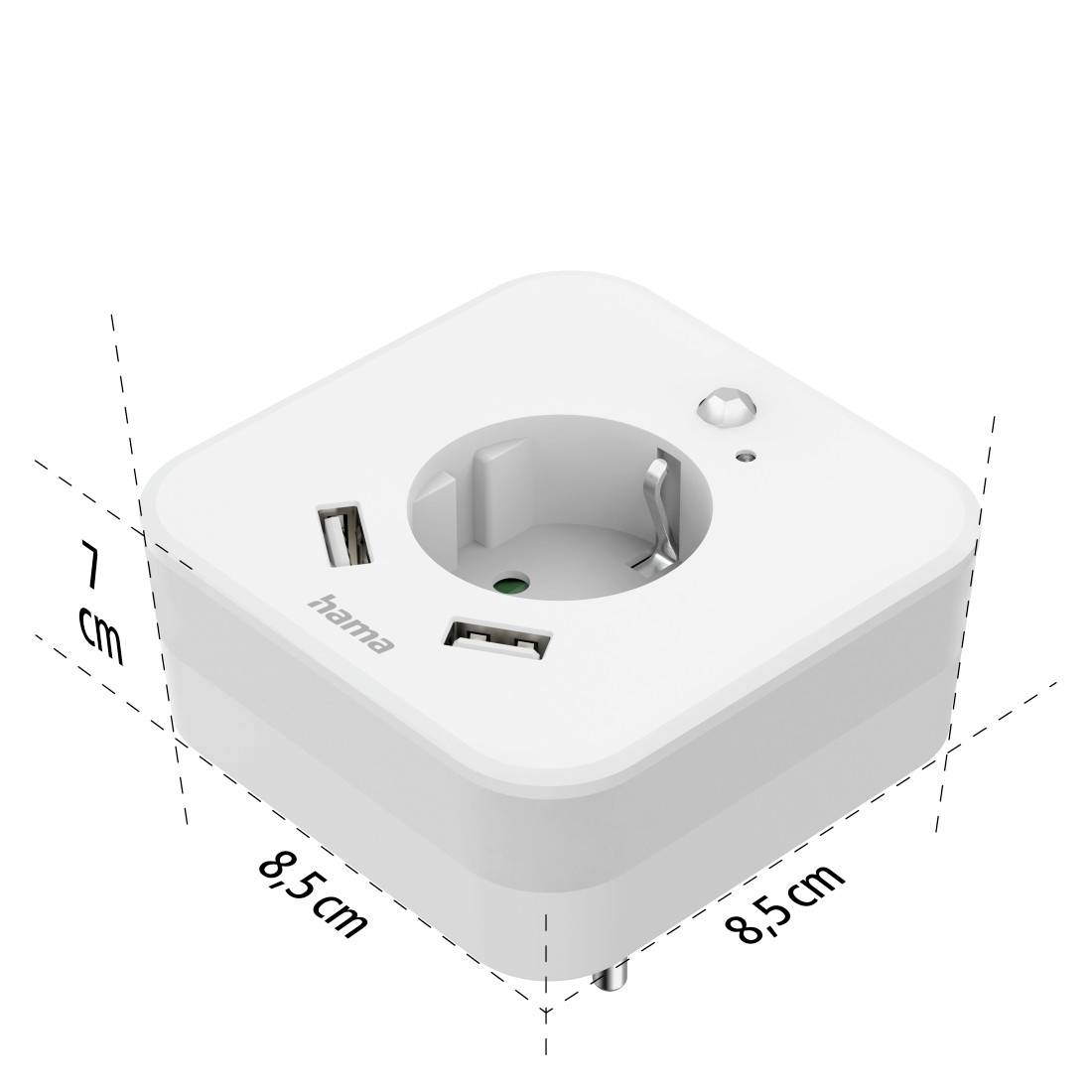 Weiße Mehrfachsteckdose mit USB-Anschlüssen und Schalter, Maße 8,5 x 8,5 x 7 cm, für den Anschluss mehrerer Geräte.