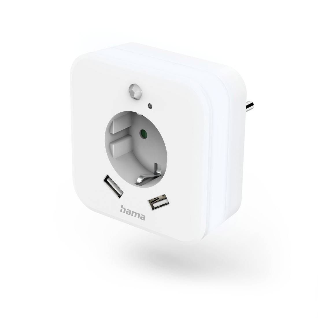 Weiße Smart-Steckdose der Marke Hama mit USB-Anschlüssen, geeignet zur Steuerung elektrischer Geräte über eine App oder Sprachsteuerung.