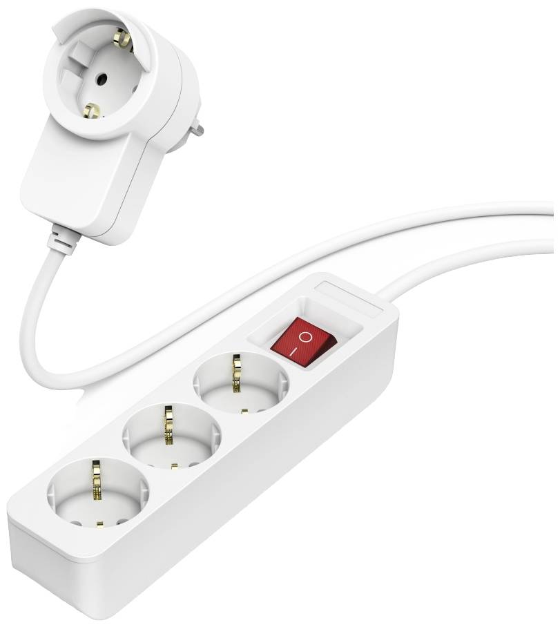 Weiße Mehrfachsteckdose mit drei Steckplätzen und rotem Ein-/Ausschalter. Kabel und Netzstecker sind ebenfalls sichtbar.