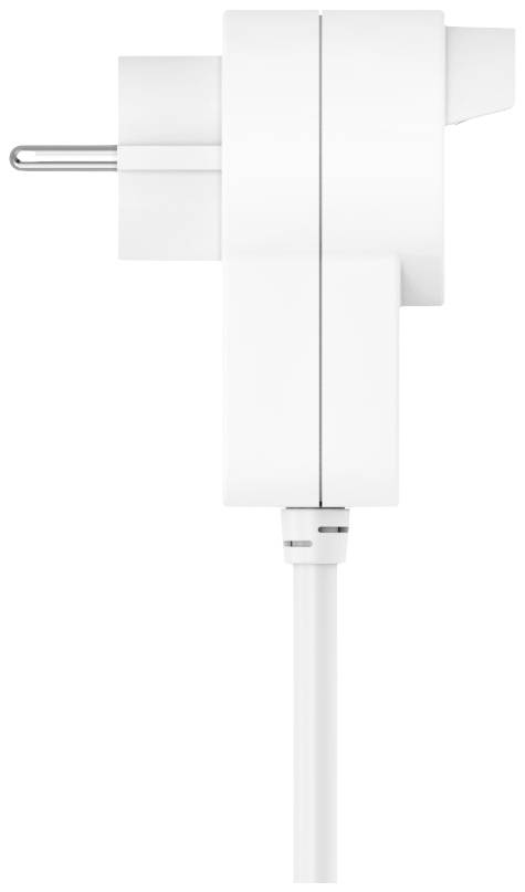 Ein weißes USB-Netzteil mit europäischem Stecker, seitliche Ansicht. Kabel ist am unteren Ende verbunden.