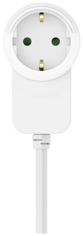 Eine weiße europäische Steckdose mit zwei runden Stiften und einem Erdungskontakt. Verbindet ein Kabel mit elektrischen Geräten.