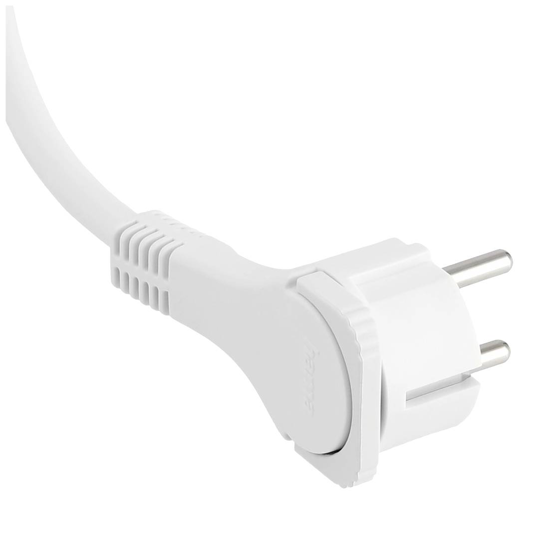 Eine weiße Stromsteckdose mit zwei Stiften und einem flexiblen Kabel.