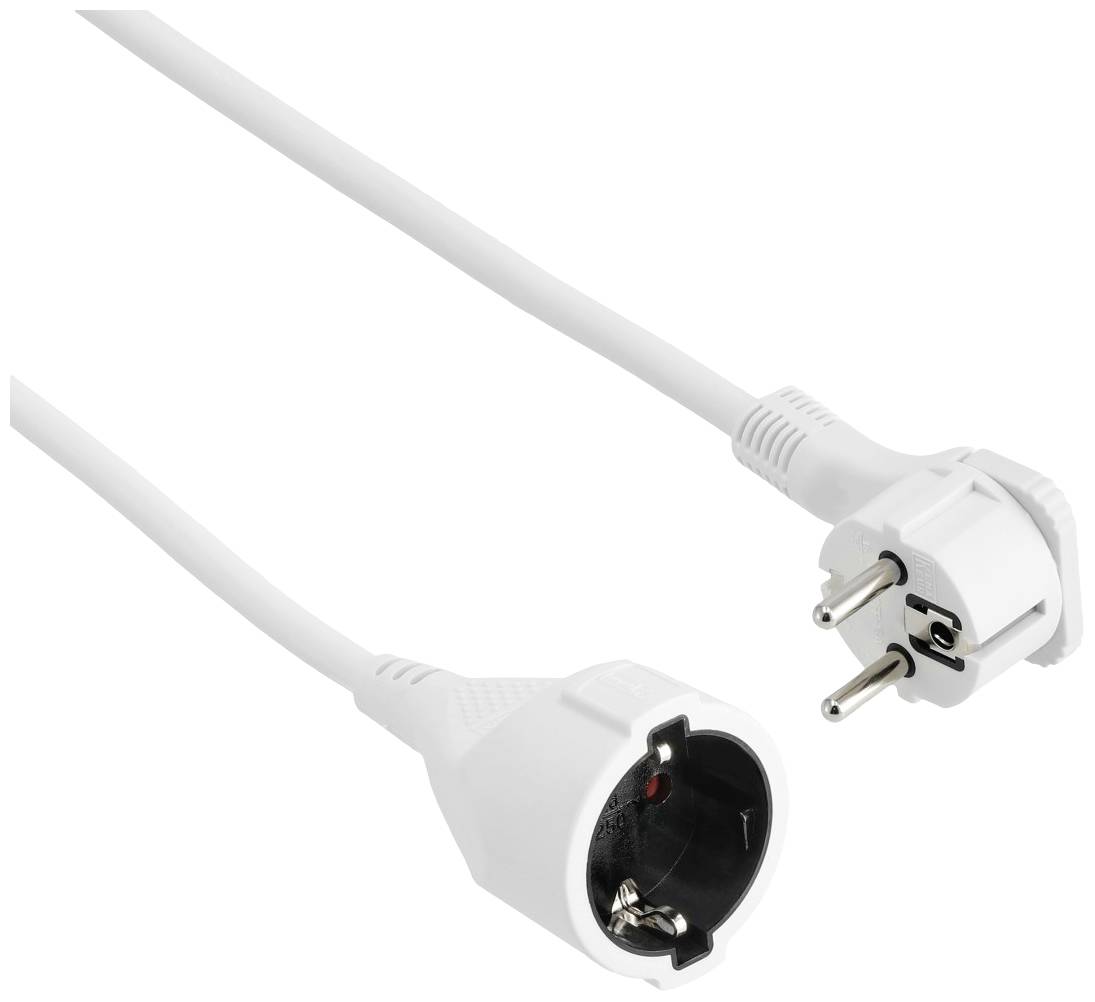 Weißes Netzkabel mit zwei Steckern. Links ist eine Buchse, rechts ein Stecker. Geeignet zum Anschließen von Geräten an Stromquellen.