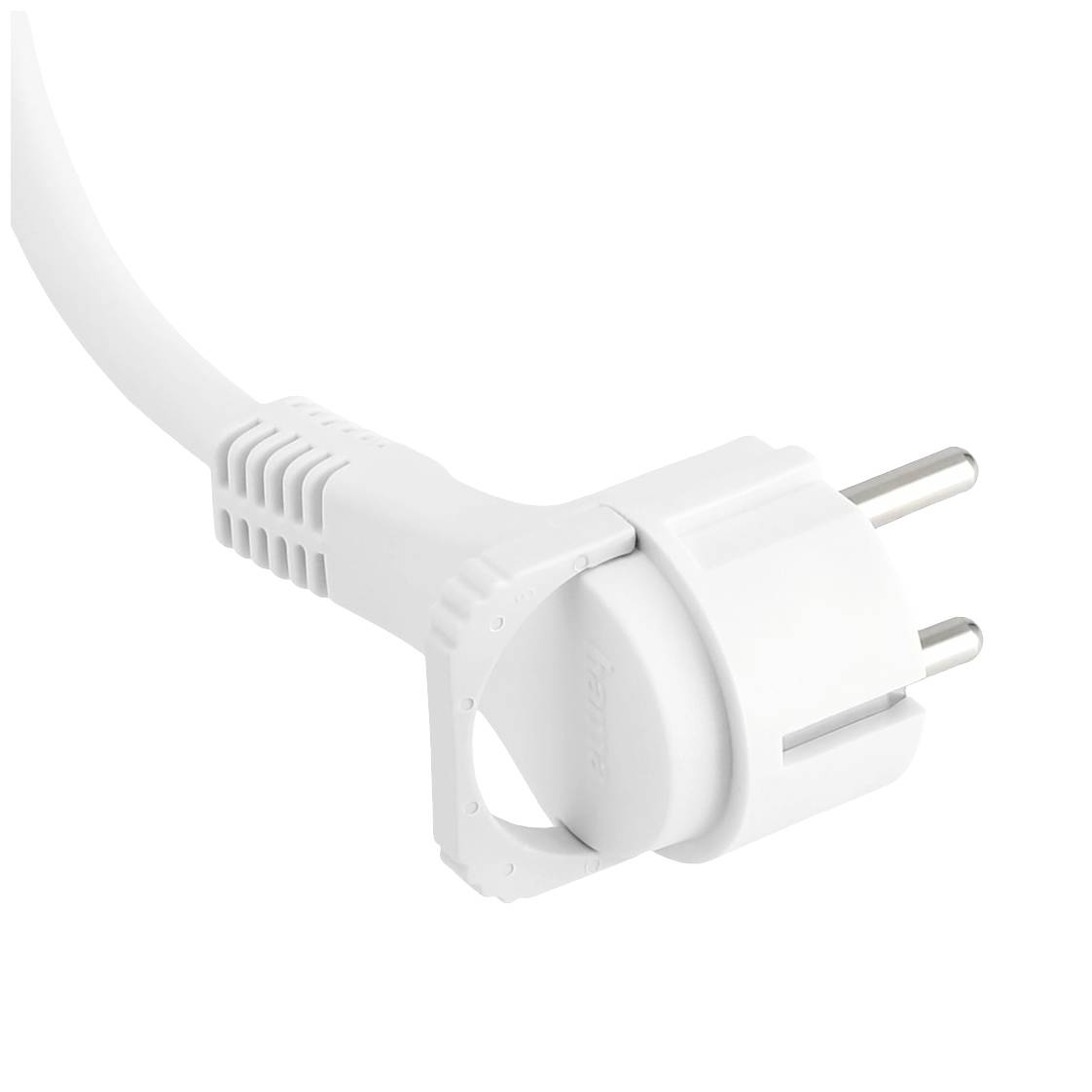Ein weißer, europäischer Stecker mit zwei runden Stiften hängt an einem Kabel. Geeignet für elektronische Geräte in Europa.