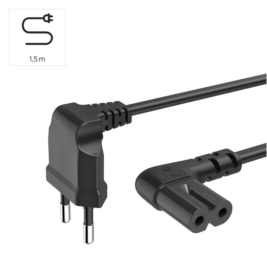 'Schwarzes Netzkabel mit einer Länge von 1,5 Metern' in einer Zeichnung mit Steckertyp und Buchse dargestellt.
