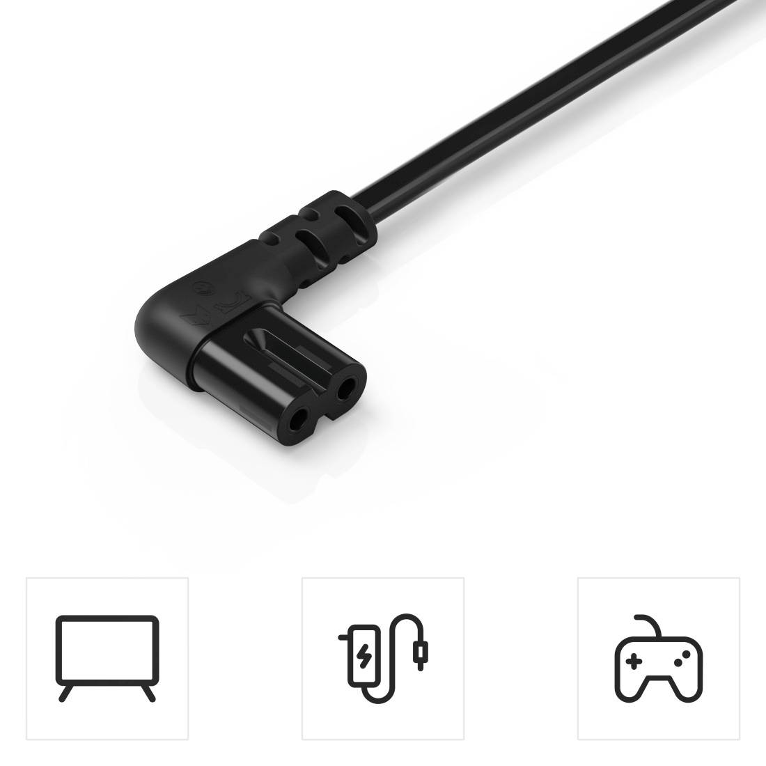 Schwarzes Netzkabel mit abgewinkeltem Stecker, geeignet für TV-Geräte, Ladegeräte und Spielkonsolen.
